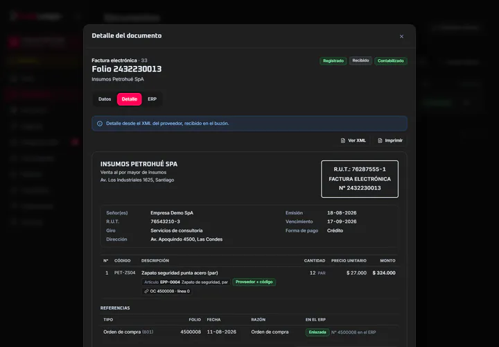 Detalle de un documento con sus líneas, la orden de compra y la cuadratura