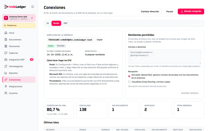 Pantalla «Conexiones › Buzón»: la dirección propia de la empresa y los adjuntos recibidos
