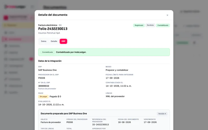 Documento contabilizado en el ERP, con el intento que lo creó