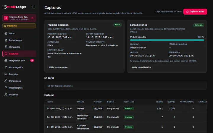 Pantalla «Capturas»: el robot del SII y sus últimas ejecuciones